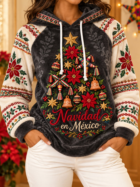 Sudadera de franela con capucha para mujer, estampado navideño mexicano Feliz Navidad