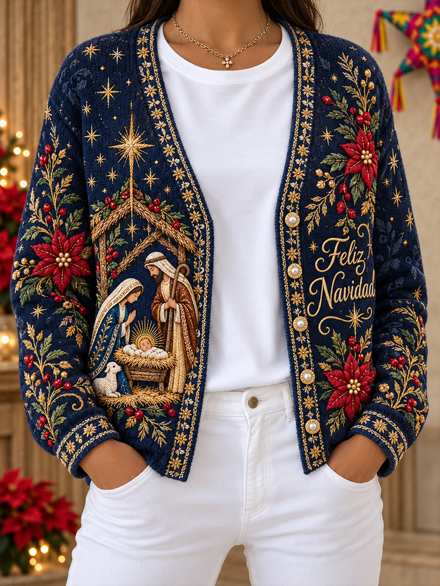 Cárdigan estampado de Navidad con la frase "Feliz Navidad" en español para mujer