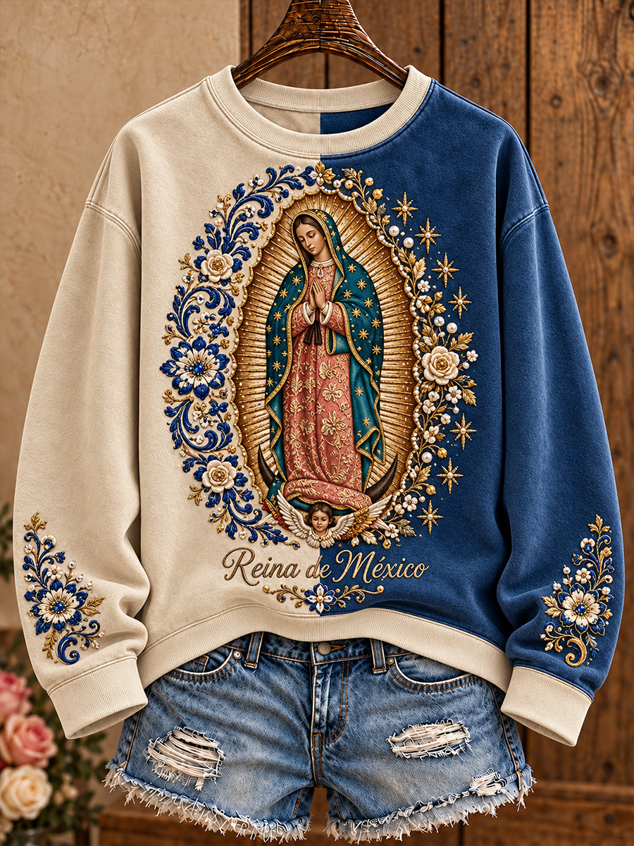 Sudadera estampada con diseño floral para el Día de Nuestra Señora de Guadalupe en México, para mujer