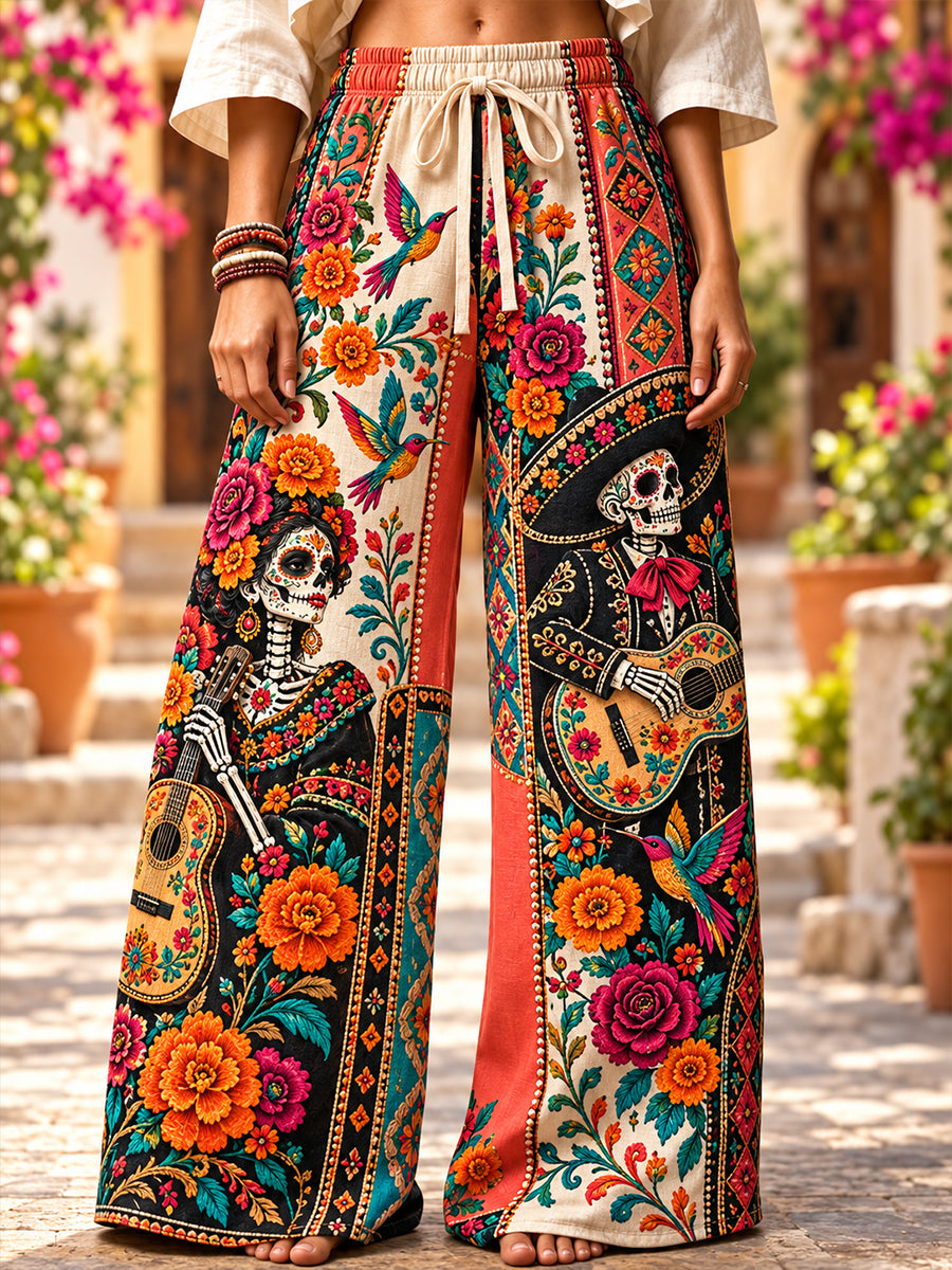 Pantalones de Día de Muertos mexicanos para mujer