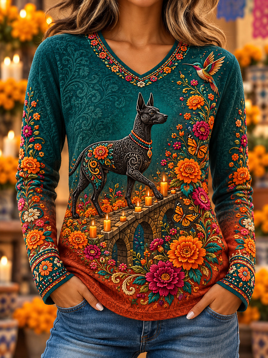 Camiseta de manga larga con cuello en V para el Día de los Muertos de México, para mujer