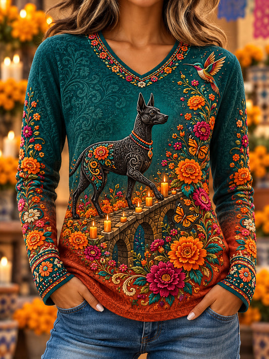 Camiseta de manga larga con cuello en V para el Día de los Muertos de México, para mujer