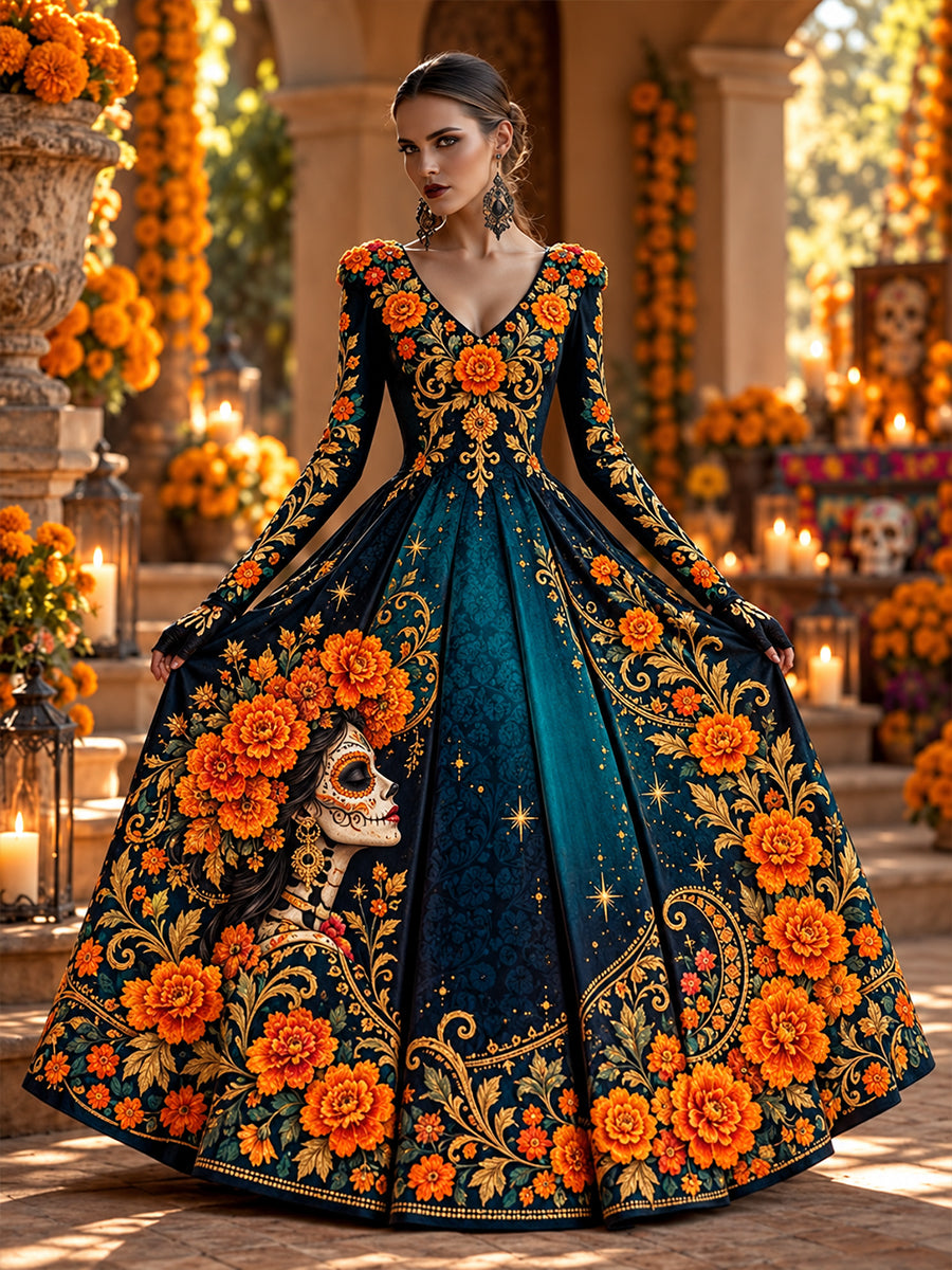 Vestido de mujer con estampado del Día de los Muertos de México