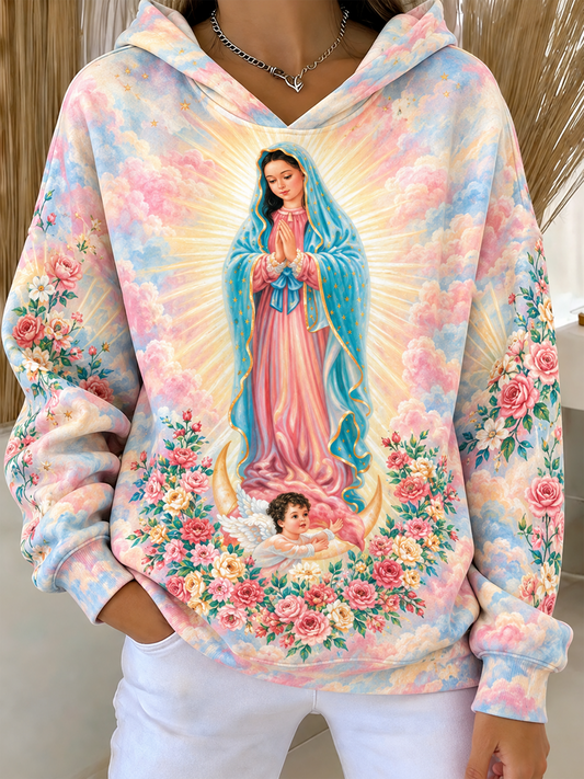 Sudadera estampada de corte clásico con diseño artístico de la Fiesta de Nuestra Señora de Guadalupe para mujer