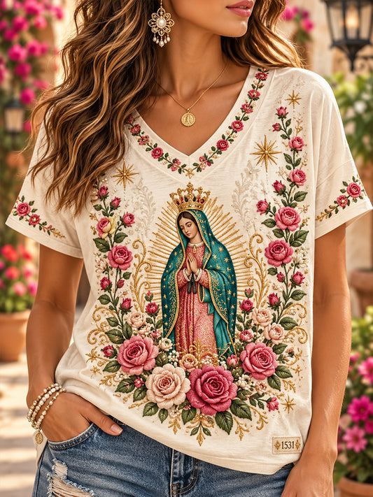 Camiseta de manga corta para mujer con diseño de la Fiesta de Nuestra Señora de Guadalupe, México