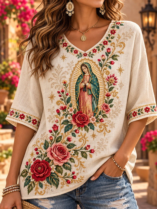 Camiseta de manga corta para mujer con diseño de la Fiesta de Nuestra Señora de Guadalupe, México