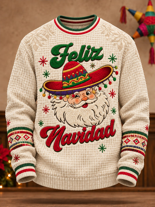 Sudadera de waffle estampada con "Feliz Navidad" para hombre, diseño mexicano