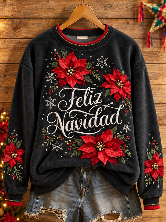 Sudadera de franela estampada con diseño navideño mexicano "Feliz Navidad" para mujer