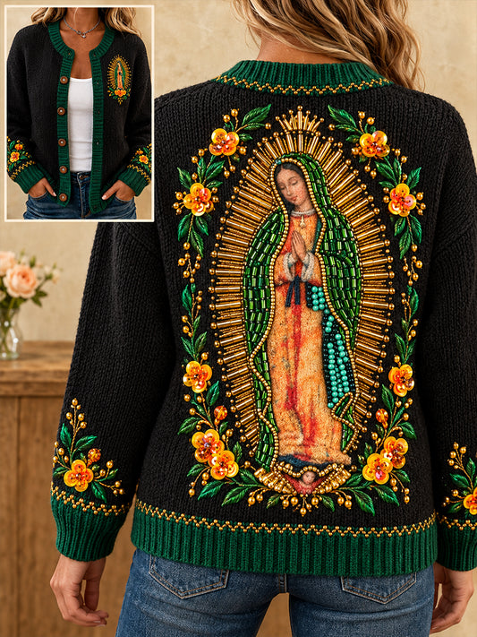 Cárdigan estampado con diseño de la Virgen de Guadalupe para mujer
