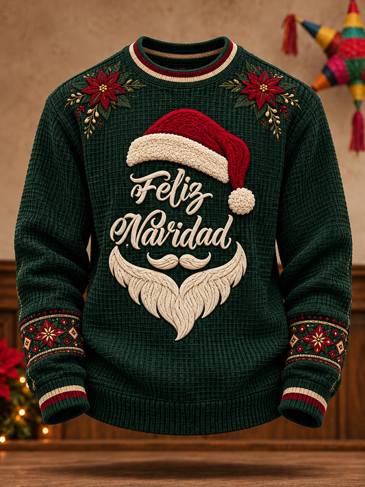 Sudadera de waffle estampada con "Feliz Navidad" para hombre, diseño mexicano