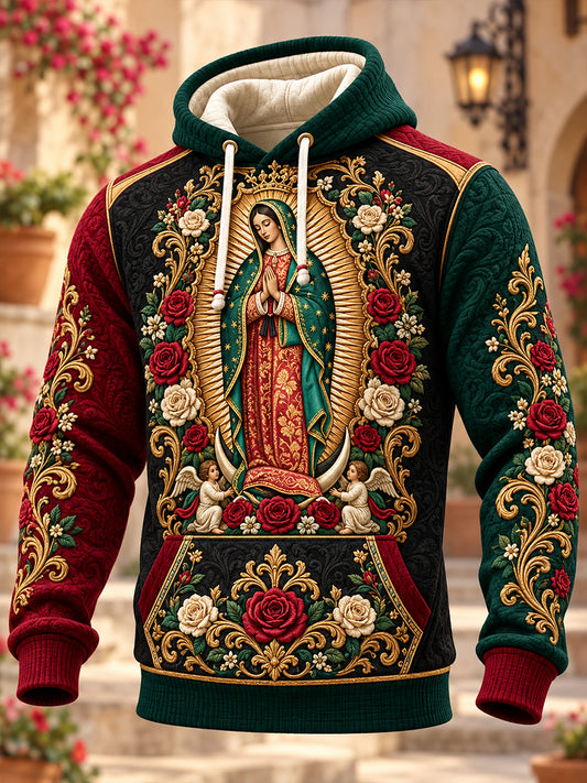 Hombres Fiesta de Nuestra Señora de Guadalupe México Sudadera con capucha de algodón a cuadros