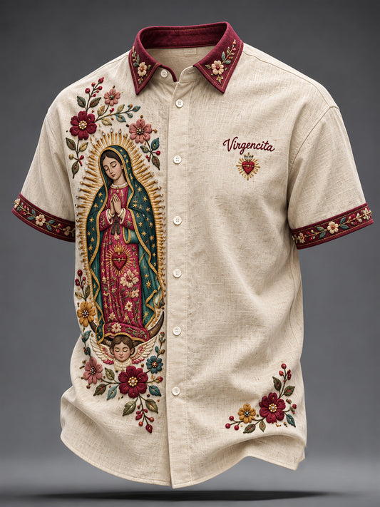 Camisa estampada con arte de la Virgen de Guadalupe para hombre, diseño mexicano