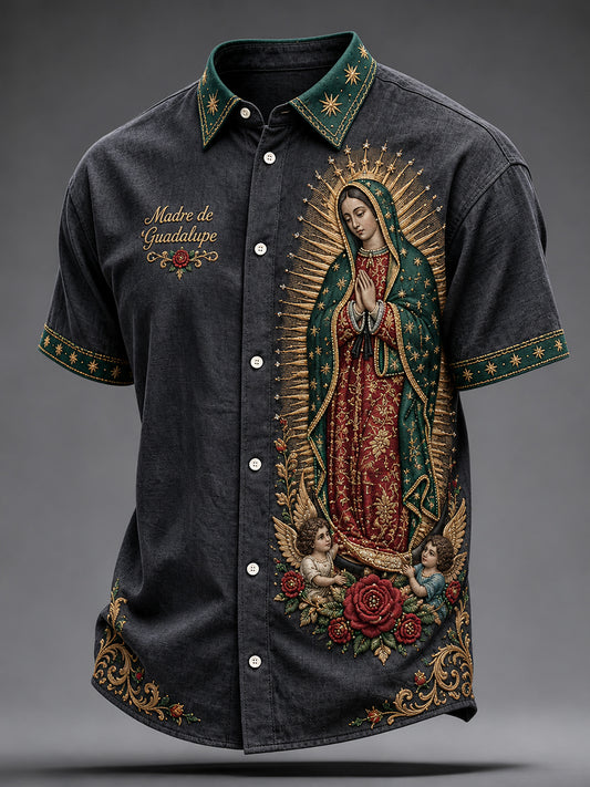 Camisa estampada con arte de la Virgen de Guadalupe para hombre, diseño mexicano