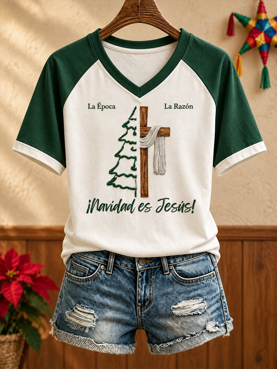 Camiseta estampada con diseño navideño mexicano para mujer: Feliz Navidad