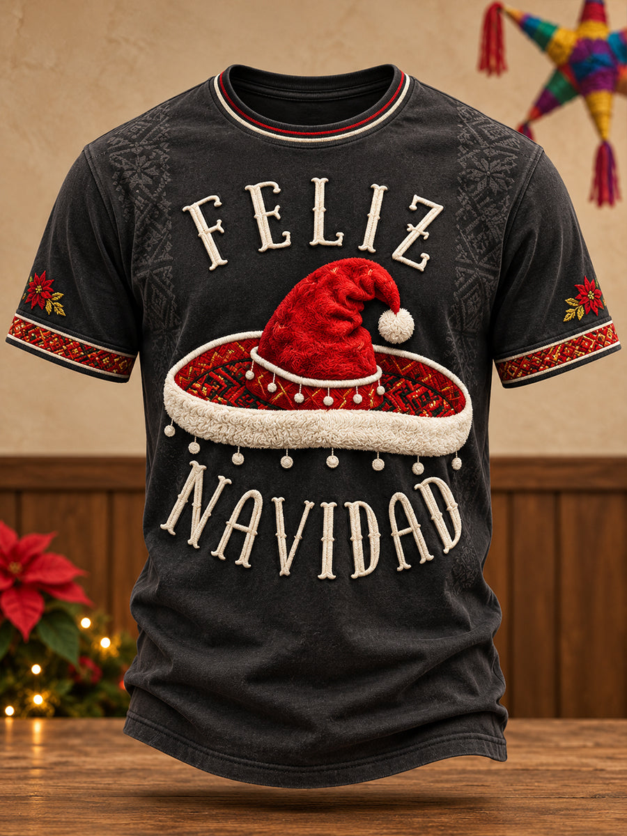 Camiseta estampada con diseño navideño mexicano para hombre: Feliz Navidad