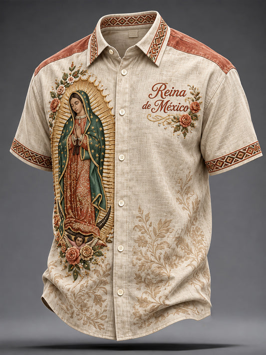 Camisa estampada con arte de la Virgen de Guadalupe para hombre, diseño mexicano