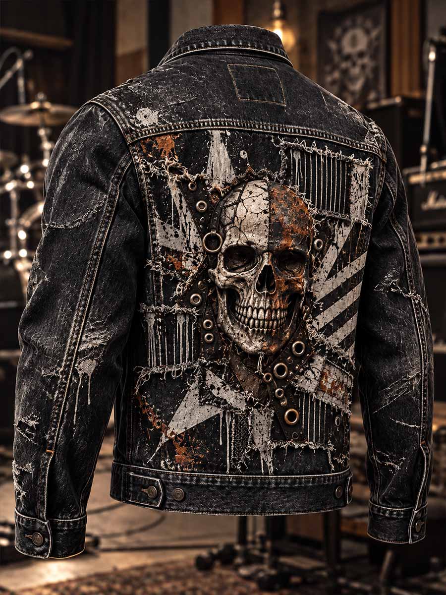 Chaqueta con estampado de cráneo Rock apenado vintage para hombre