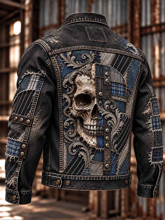 Chaqueta vintage de hombre con estampado de calavera rock y efecto desgastado