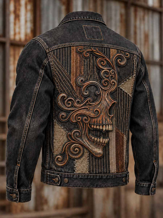 Chaqueta vintage de hombre con estampado de calavera rock y efecto desgastado