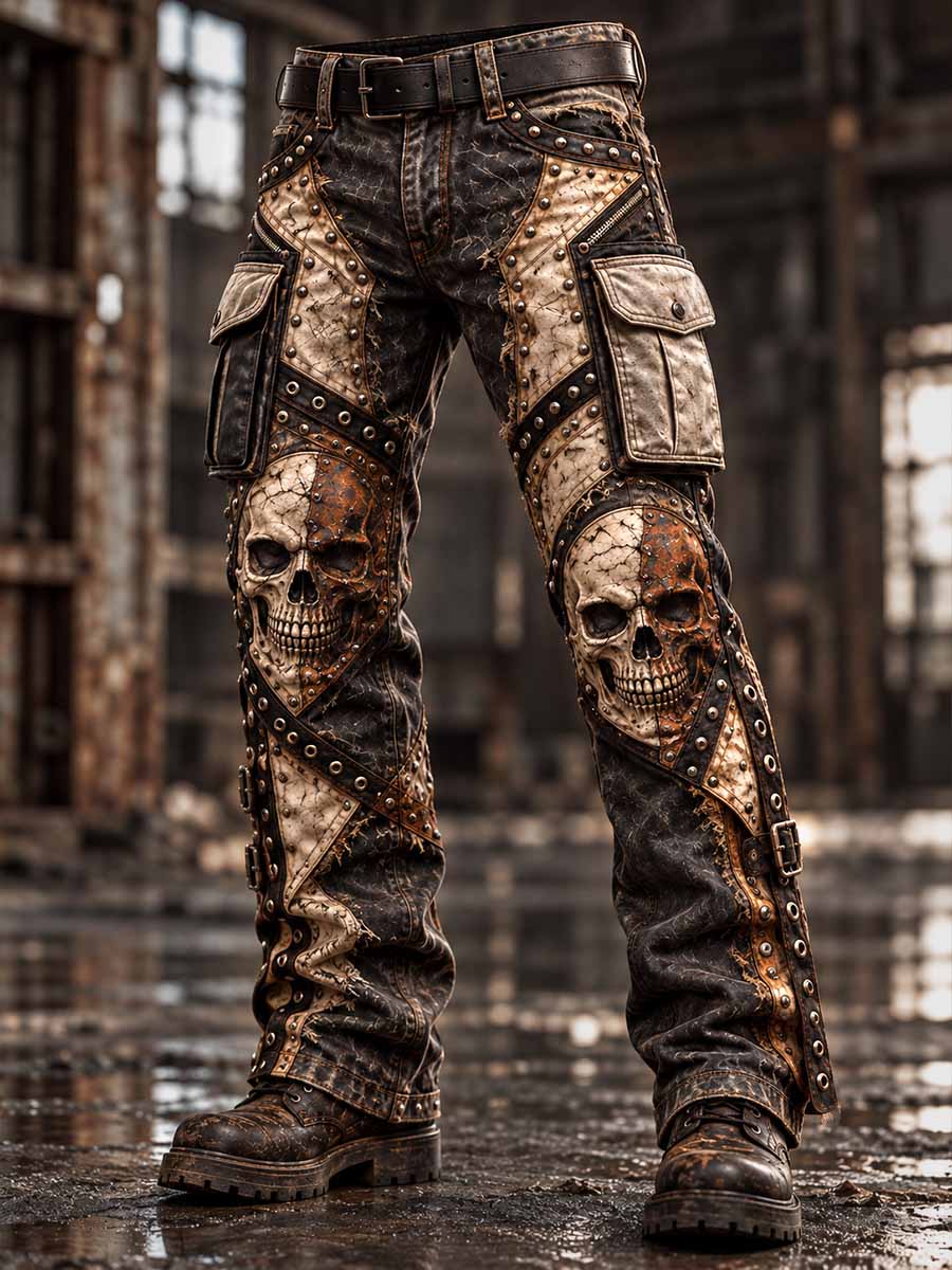 Pantalones para hombre de estilo vintage con estampado desgastado de calavera rockera