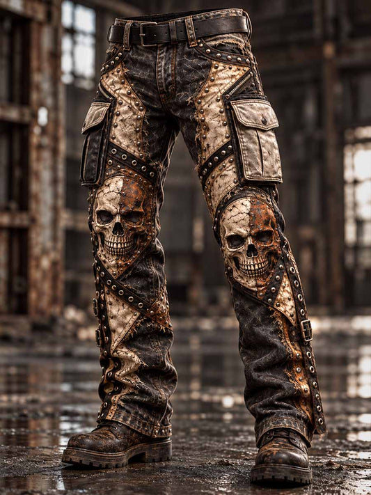 Pantalones para hombre de estilo vintage con estampado desgastado de calavera rockera