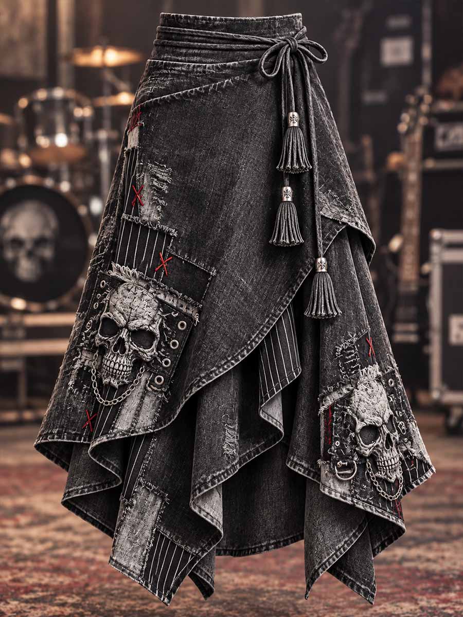 Falda vintage con estampado de calavera rock y efecto desgastado para mujer