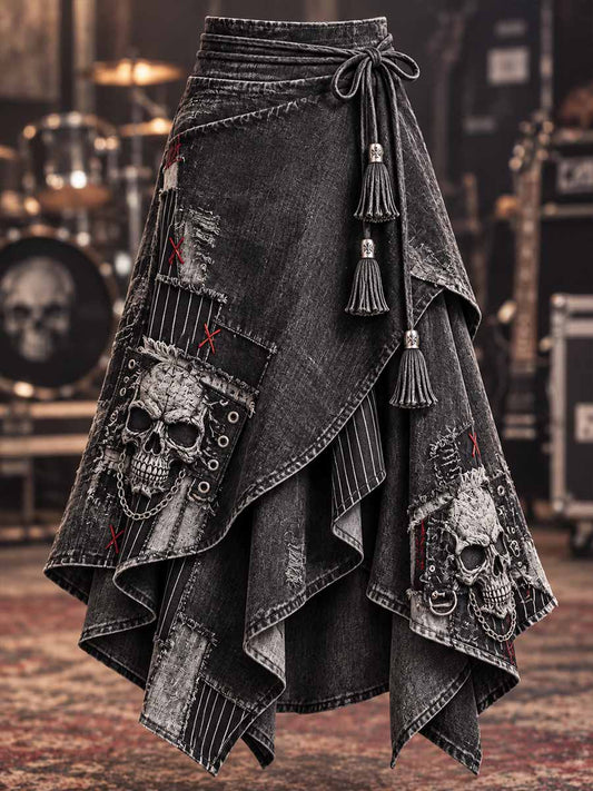 Falda vintage con estampado de calavera rock y efecto desgastado para mujer