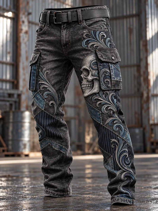 Vintage de los hombres apenado Rock cráneo patrón impreso Pantalones