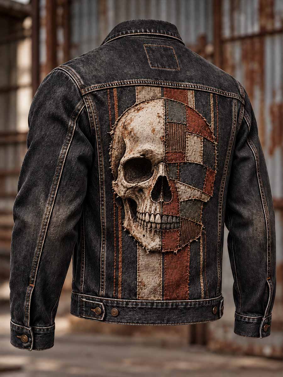 Chaqueta vintage de hombre con estampado de calavera rock y efecto desgastado