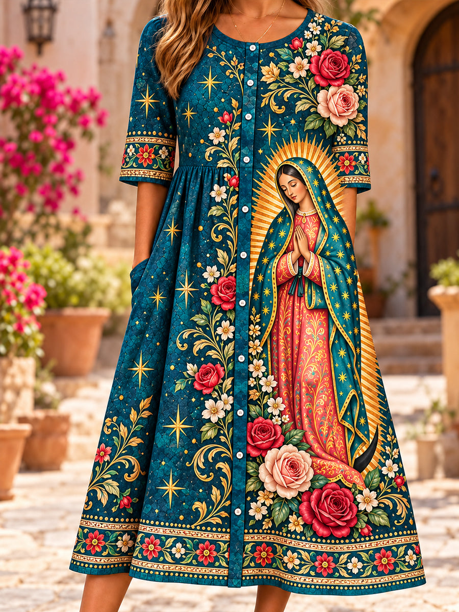 Vestido de lino estampado con la imagen de Nuestra Señora de Guadalupe, México, para mujer