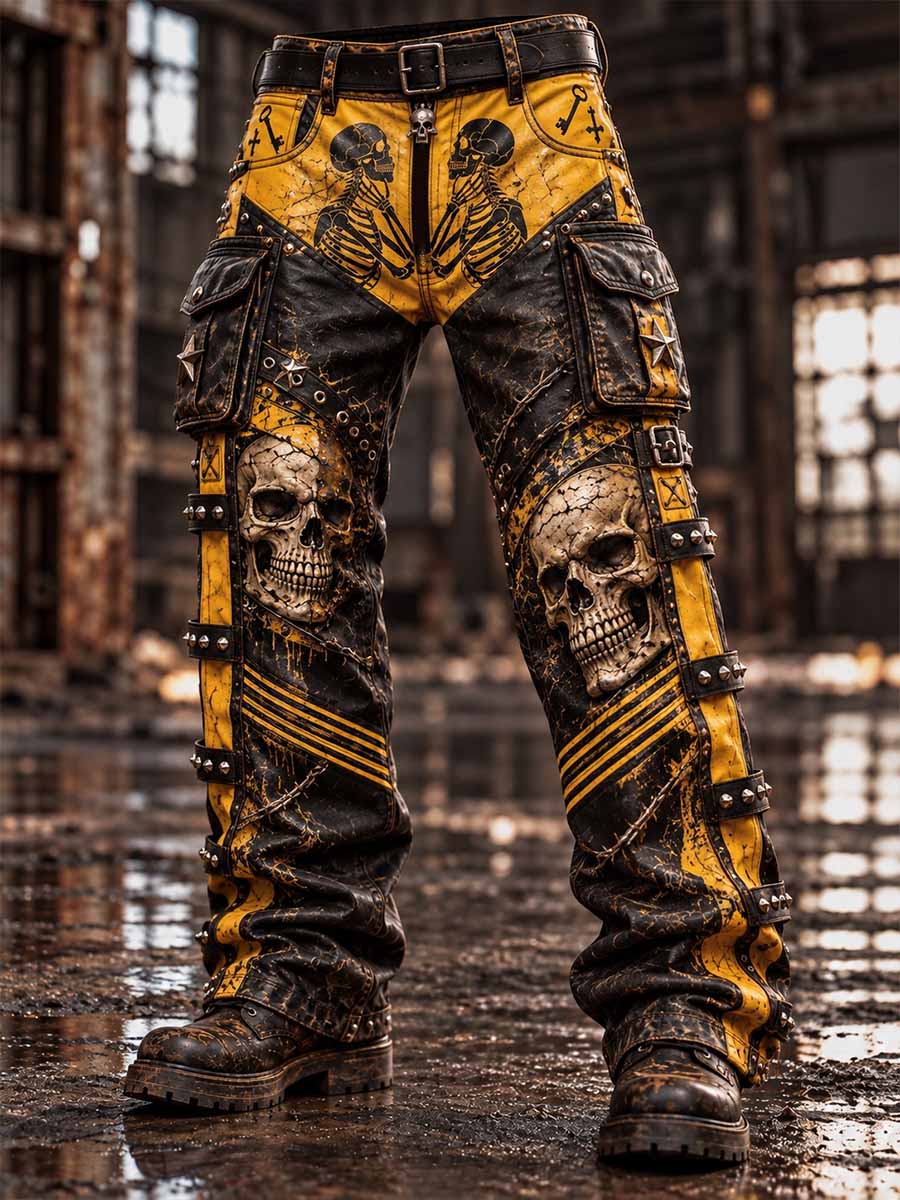 Hombres Vintage Skull Patrón Impreso Pantalones