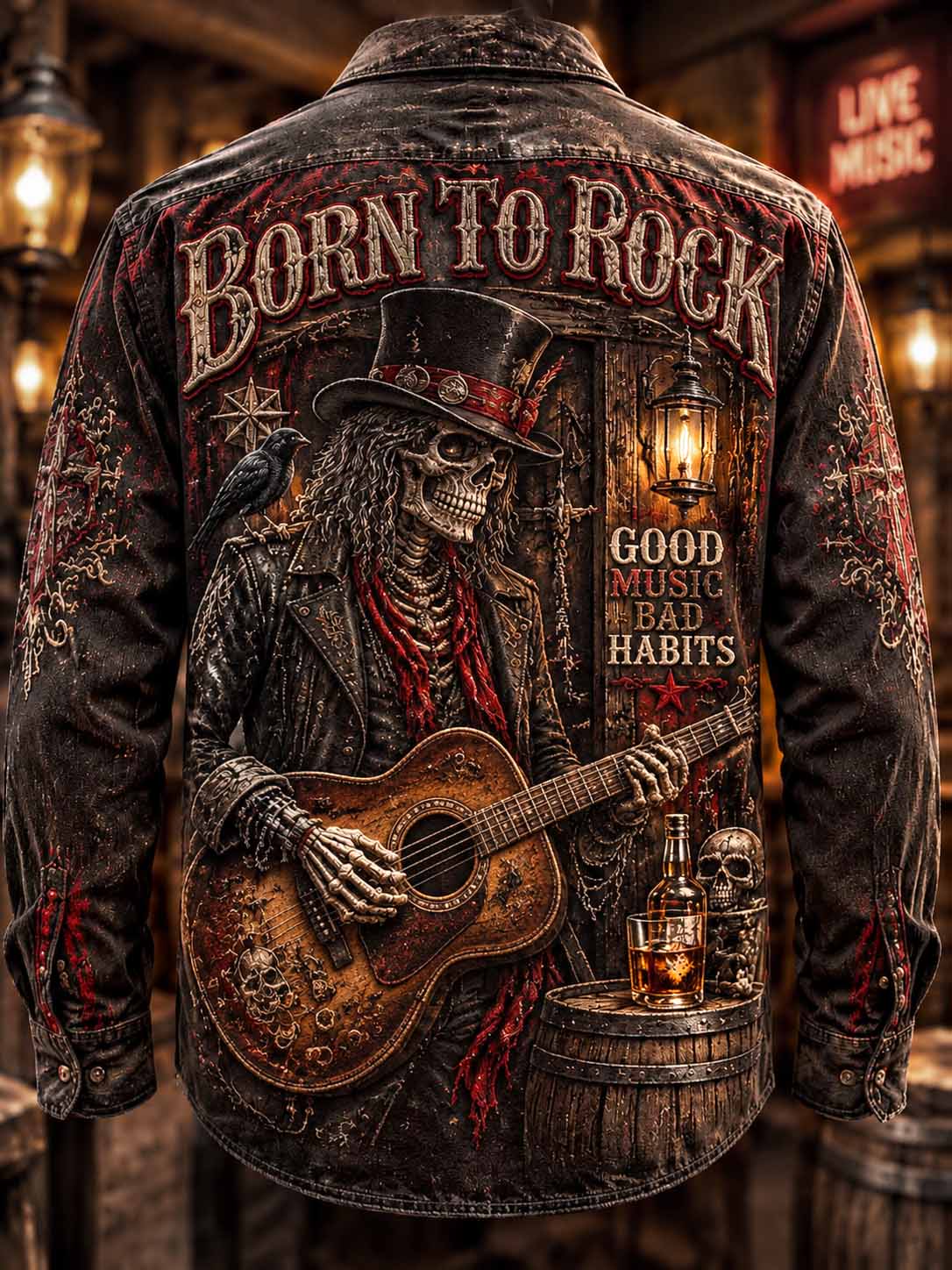 Camisa con estampado de patrón 'Born to Rock' para hombre