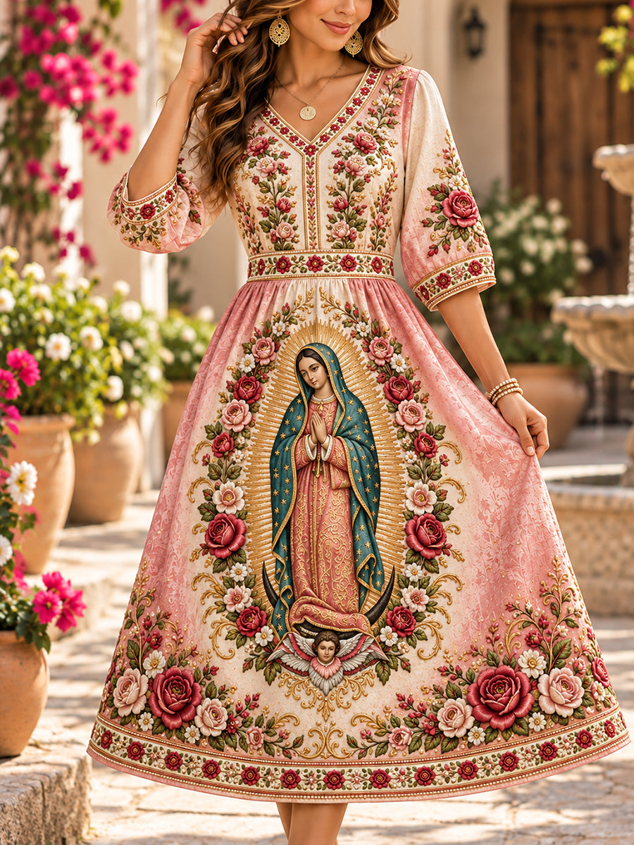 Fiesta de las mujeres de Nuestra Señora de Guadalupe México Retro Casual vestido de lino de algodón