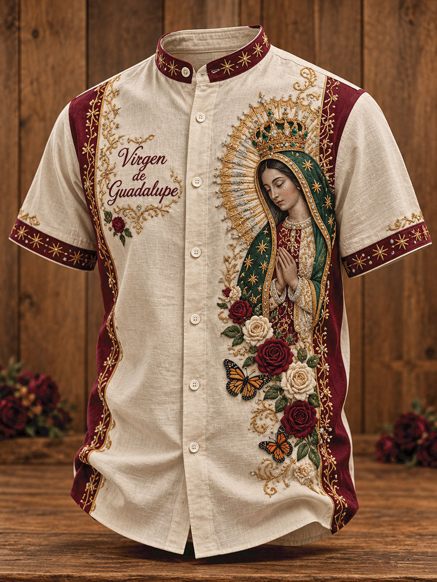 Camisa estampada con arte de la Virgen de Guadalupe para hombre, diseño mexicano