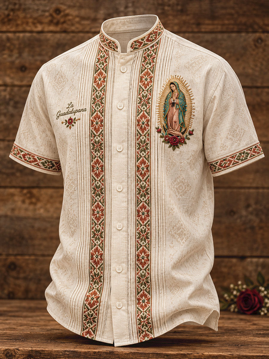 Camisa estampada con arte de la Virgen de Guadalupe para hombre, diseño mexicano