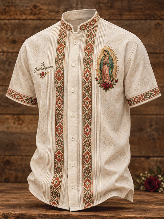 Camisa estampada con arte de la Virgen de Guadalupe para hombre, diseño mexicano