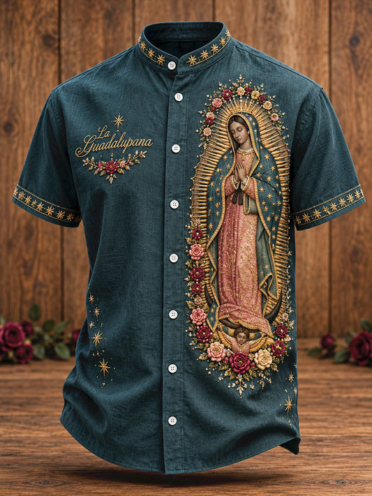 Camisa estampada con arte de la Virgen de Guadalupe para hombre, diseño mexicano