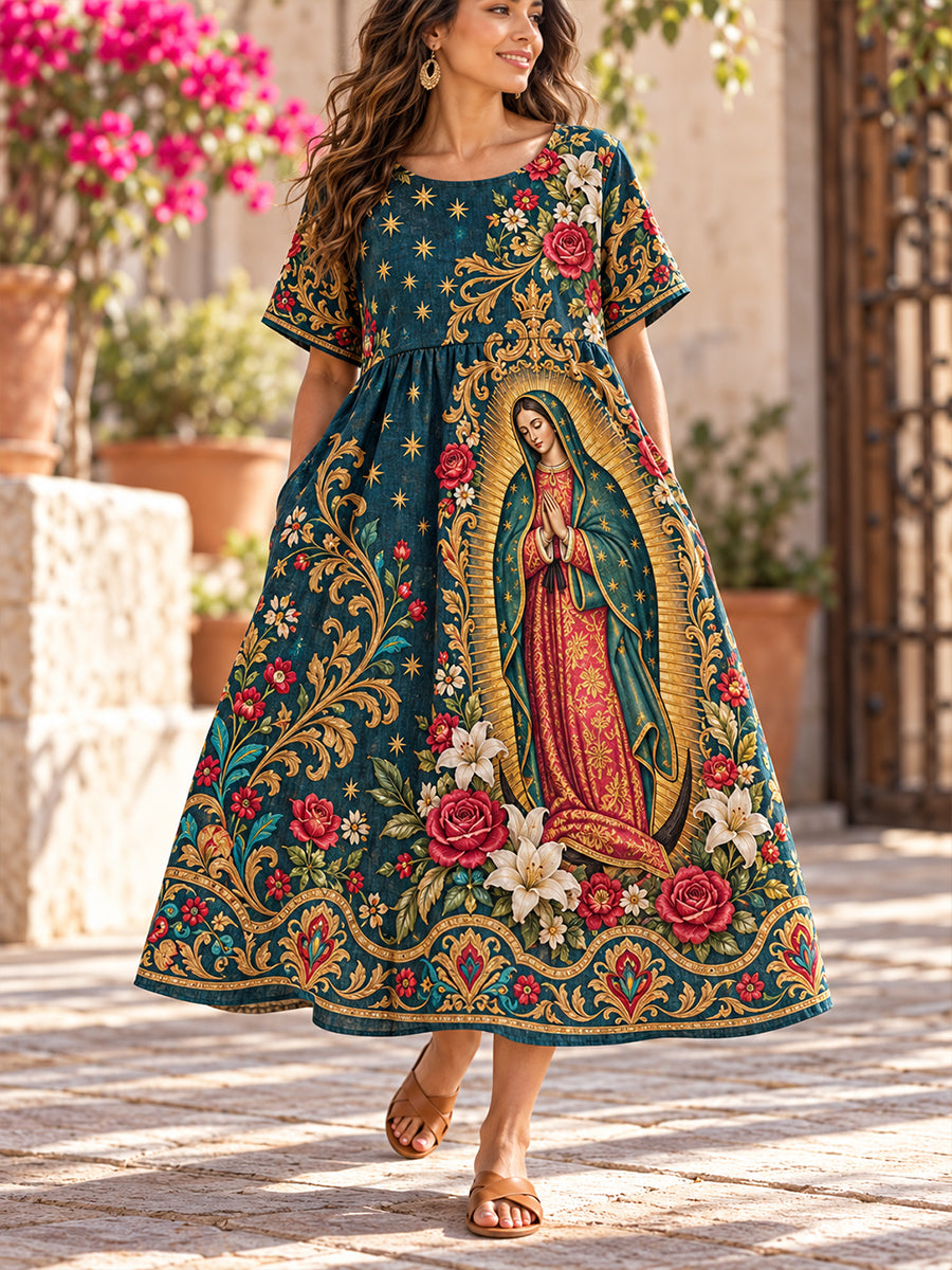 Vestido de lino estampado con arte mexicano, Fiesta de Nuestra Señora de Guadalupe para mujer