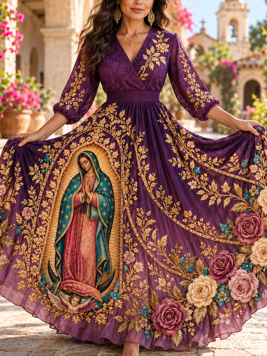 Vestido de lino estampado con arte mexicano, Fiesta de Nuestra Señora de Guadalupe para mujer