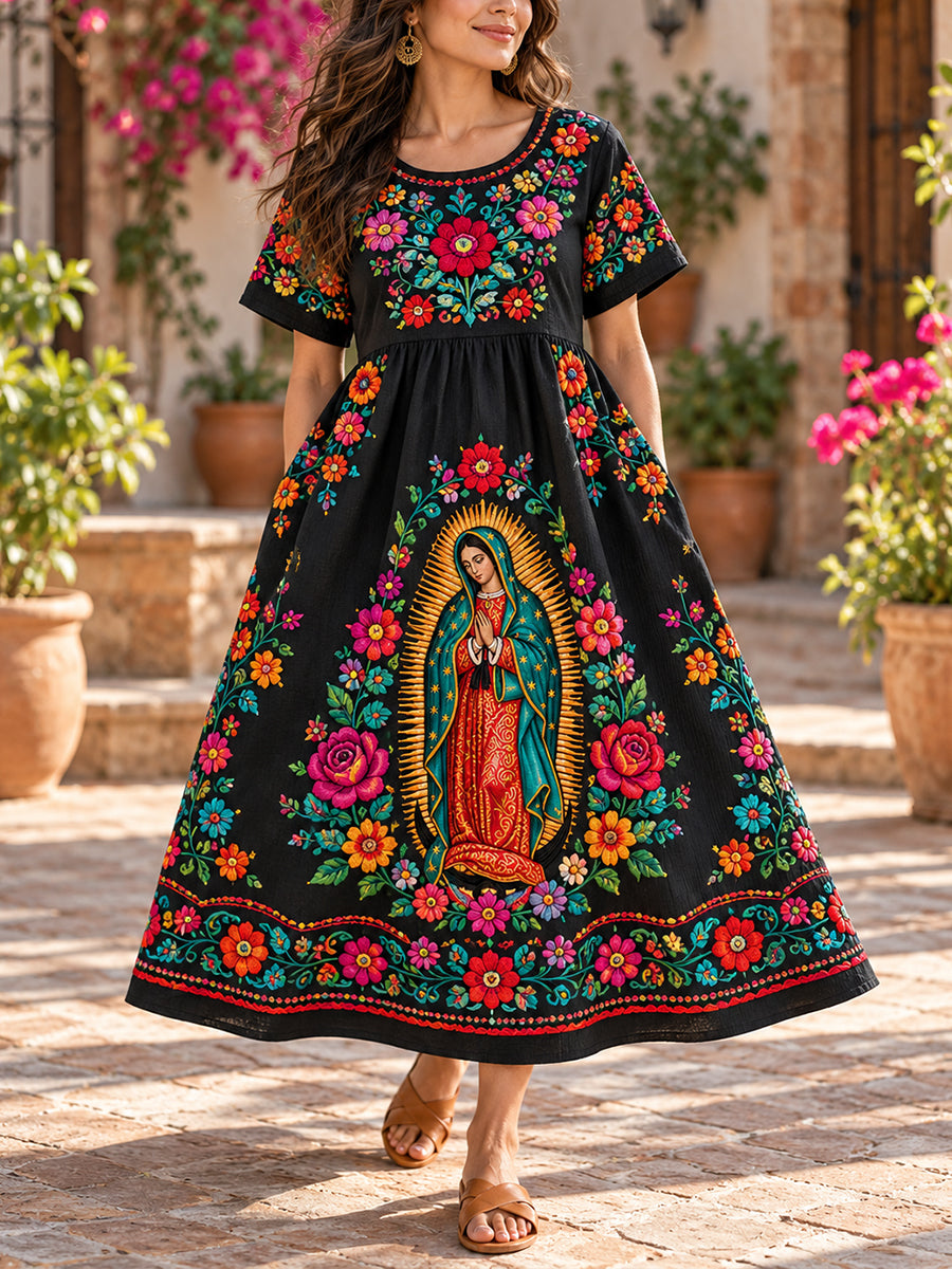 Vestido de lino estampado con arte mexicano, Fiesta de Nuestra Señora de Guadalupe para mujer