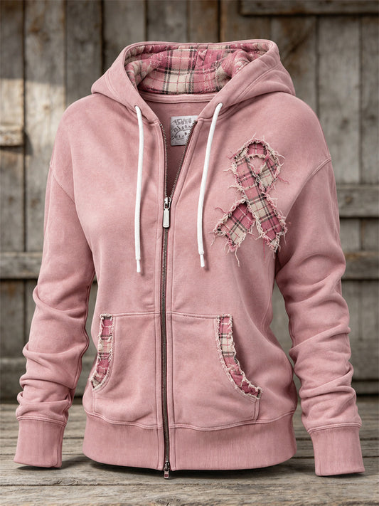 Vintage Frayed Trim Pink Ribbon Plaid Patchwork Print Full Zip Hoodie Mujer