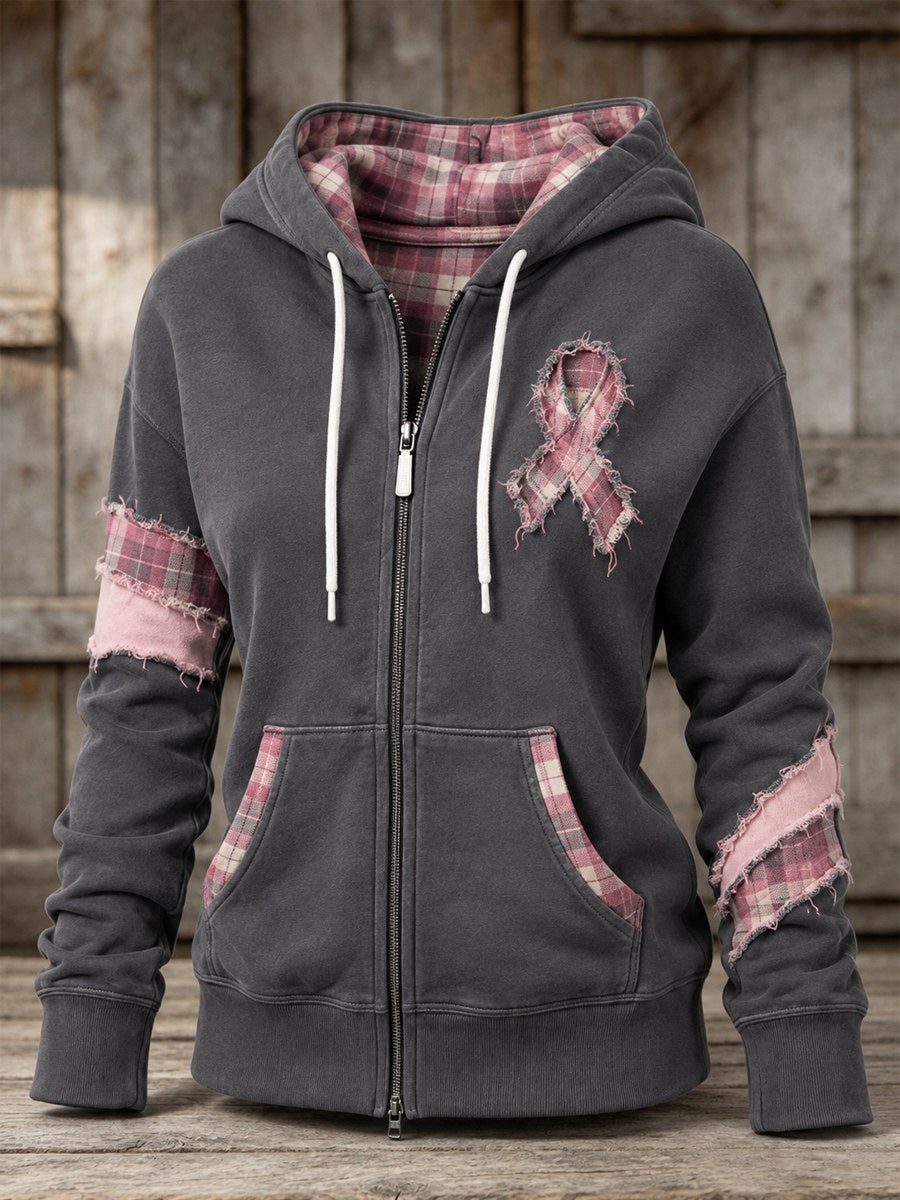 Sudadera con capucha de mujer estilo vintage, con ribete deshilachado, lazo rosa, estampado de retales a cuadros y cierre completo con cremallera