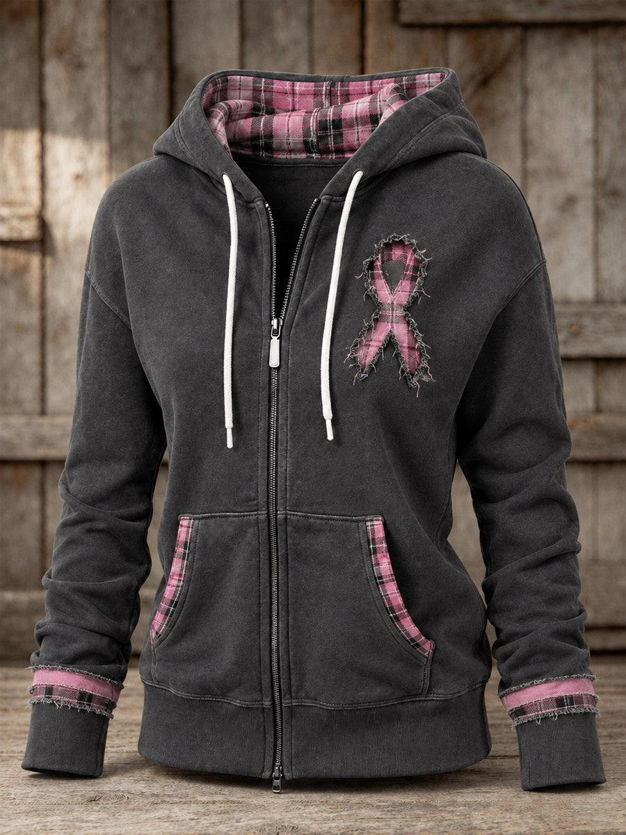 Sudadera con capucha de mujer estilo vintage, con ribete deshilachado, lazo rosa, estampado de retales a cuadros y cierre completo con cremallera