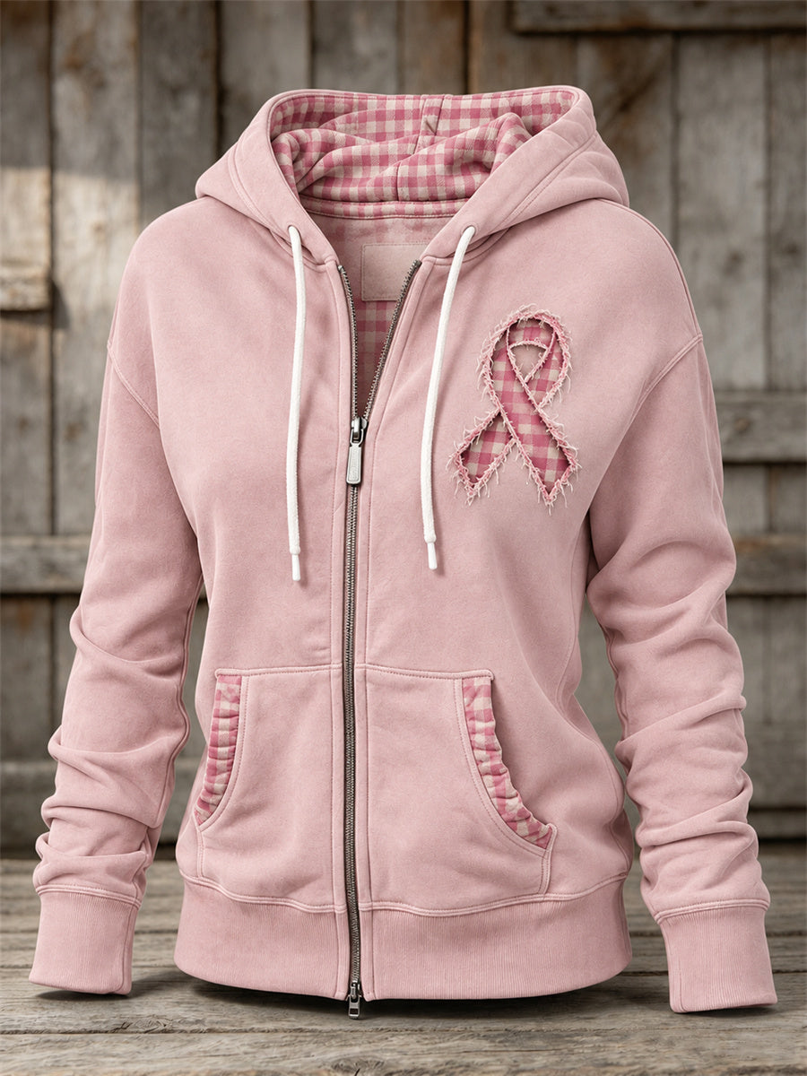Mujer Vintage Frayed Trim Pink Ribbon Check Pattern Patchwork Print Full Zip Hoodie
