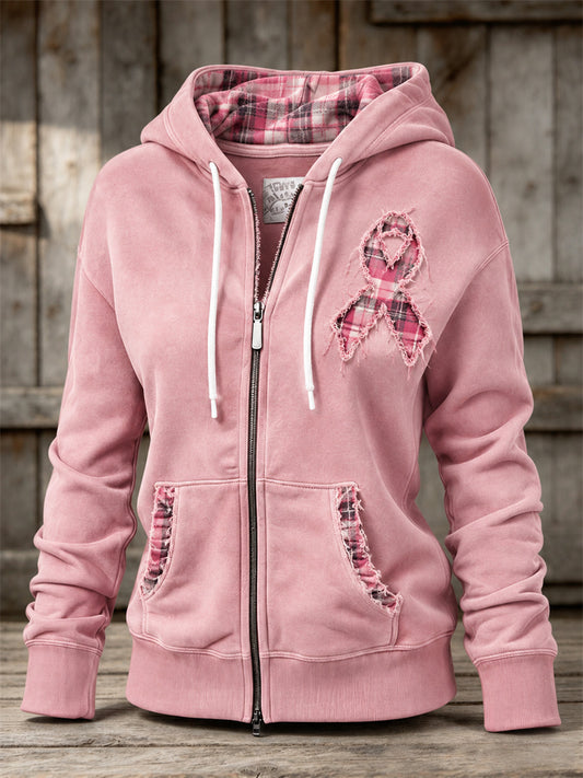 Sudadera con capucha de mujer estilo vintage, con ribete deshilachado, lazo rosa, estampado de retales a cuadros y cierre completo con cremallera