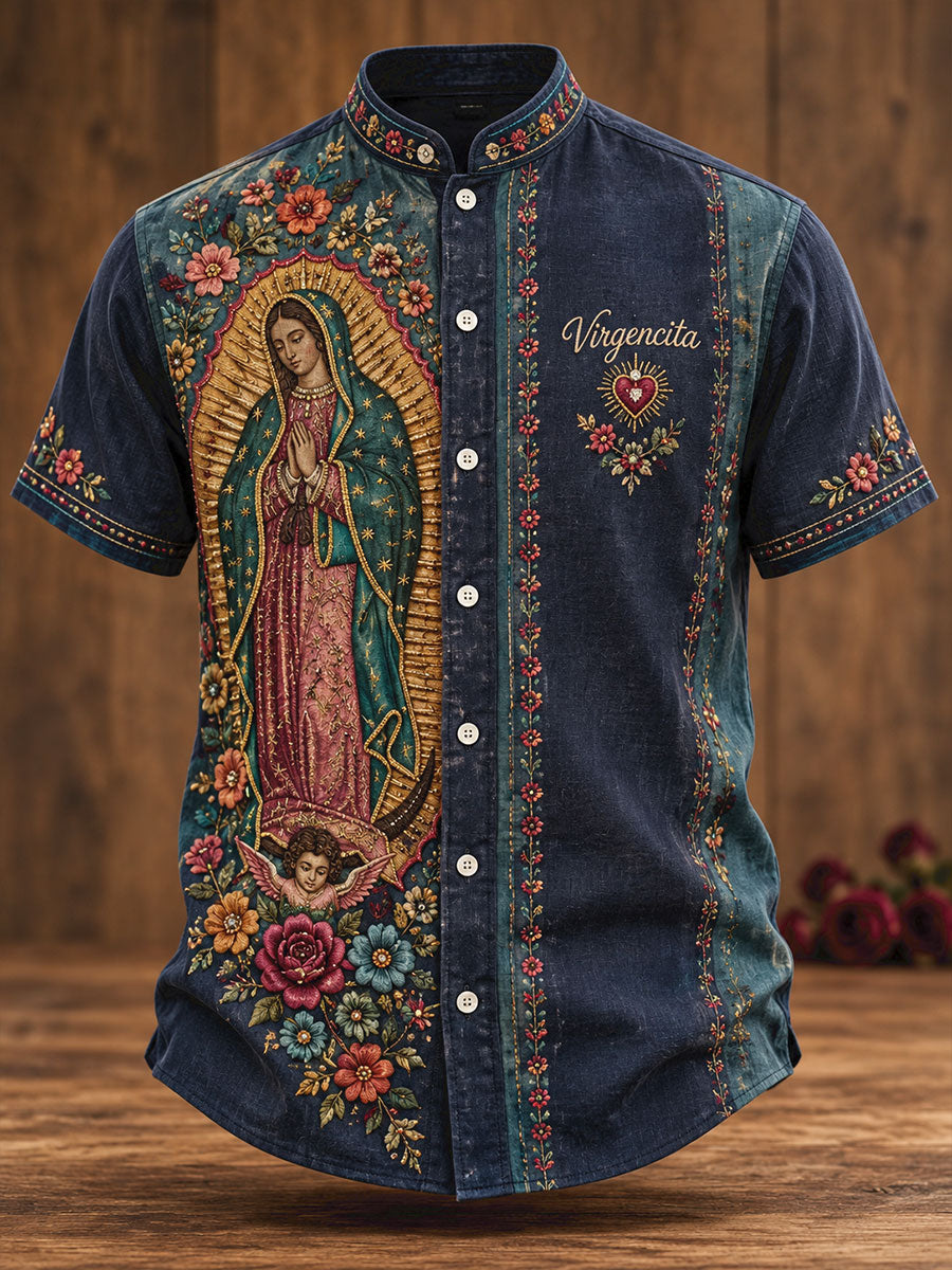 Camisa estampada con arte de la Virgen de Guadalupe de México para hombre
