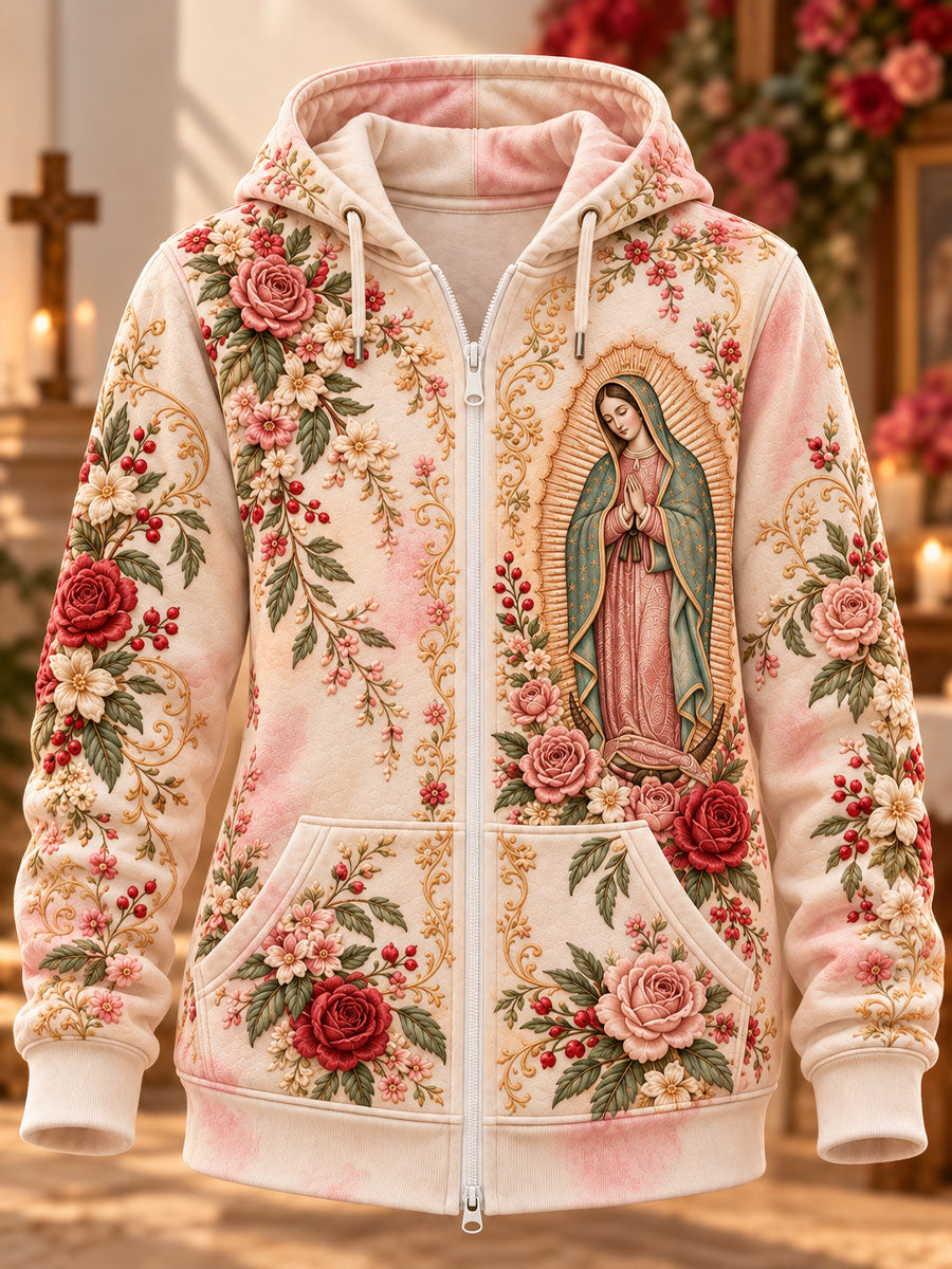 Sudadera con capucha y cierre estampada con arte de la Fiesta de Nuestra Señora de Guadalupe para mujer