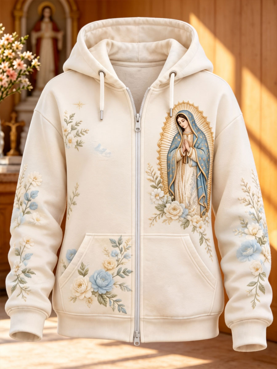 Sudadera con capucha y cierre estampada con arte de la Fiesta de Nuestra Señora de Guadalupe para mujer