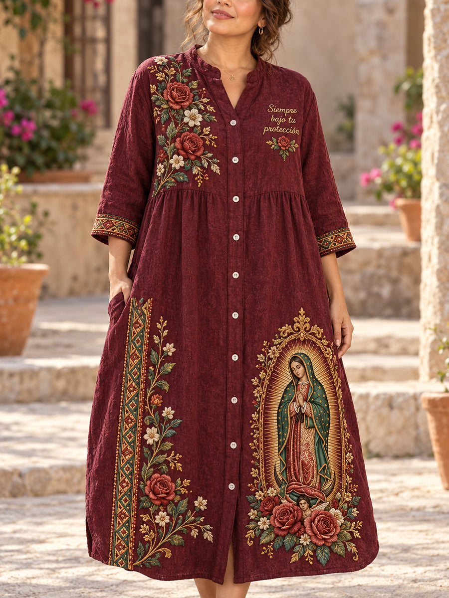 Vestido casual de algodón-lino con estampado artístico mexicano de la Fiesta de Nuestra Señora de Guadalupe para mujer