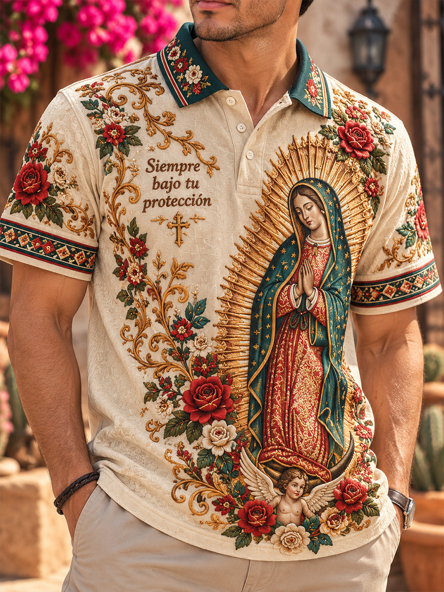 Camisa polo informal con estampado de la Fiesta de Nuestra Señora de Guadalupe en México para hombre